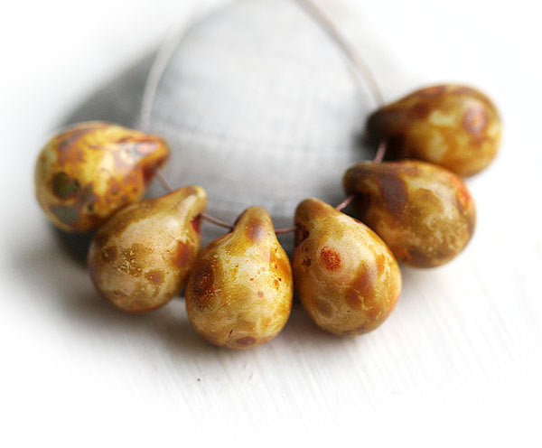 6Pc Teardrop Picasso beads, briolettes - czech glass drops - 10x14mm