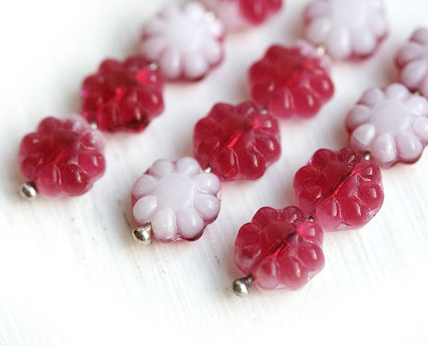 9mm Red Czech Flower beads Two colored glass flat daisy - 20Pc
