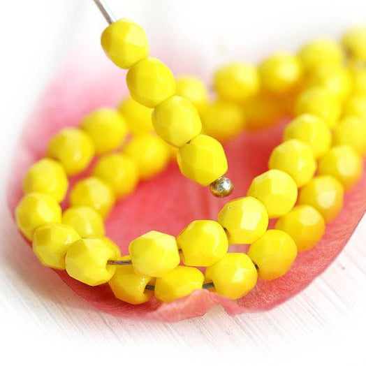 4mm Opaque Yellow beads czech glass faceted beads, fire polished spacers, 50Pc
