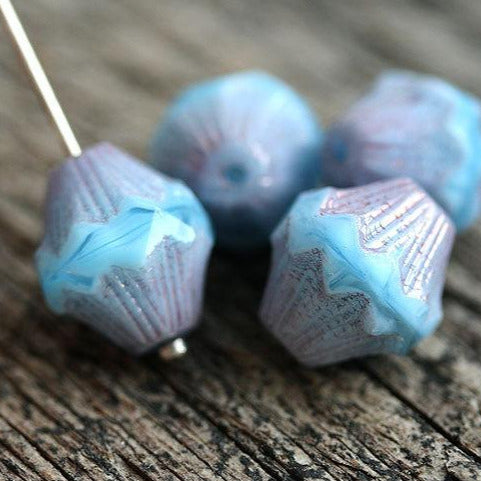 13x12mm Blue Purple Czech glass large baroque bicones with copper luster, 4Pc