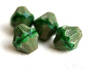 13x12mm Malachite green czech glass bicone beads, large baroque bicones with copper luster - 4Pc