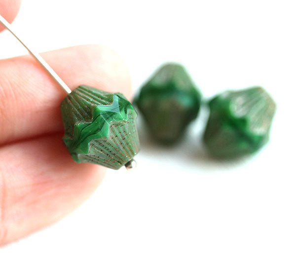 13x12mm Malachite green czech glass bicone beads, large baroque bicones with copper luster - 4Pc