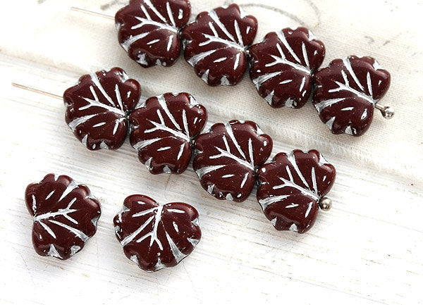11x13mm Brown Maple leaf beads Czech glass beads, Silver wash - 10Pc