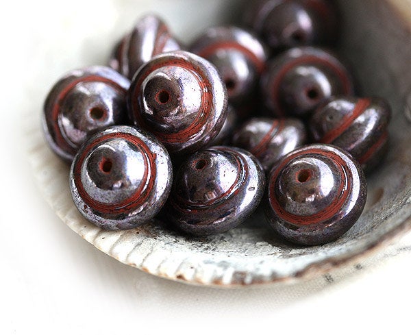 8x10mm Black Saucer  Czech glass beads UFO shape - 12Pc