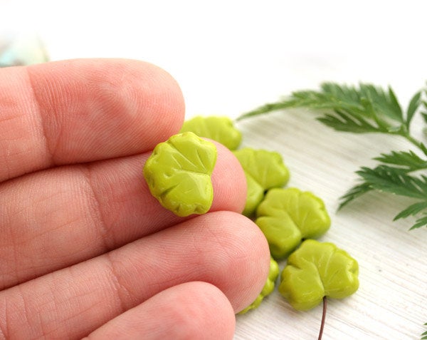 11x13mm Olive Green Maple leaves, Czech glass leaf beads - 10Pc