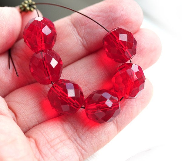 12mm round Red beads, Czech Glass large red glass beads - 6Pc