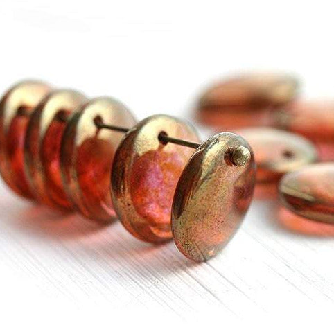 12mm Dark pink czech glass lentil beads, copper luster - 10Pc