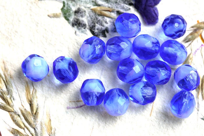 8mm Sapphire blue fire polished blue glass beads, fire polished, mixed blue color - 15Pc