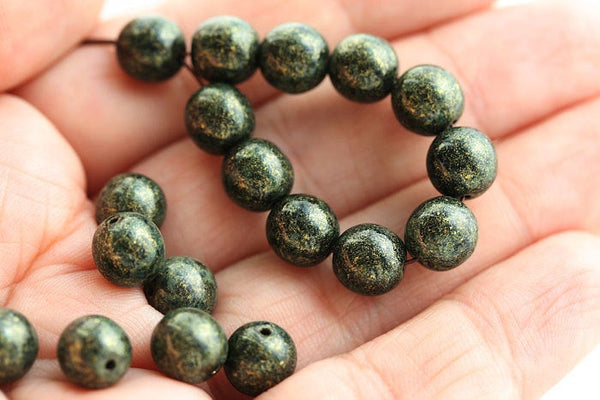 8mm Metallic Bronze Green Czech glass round druk beads - 20Pc