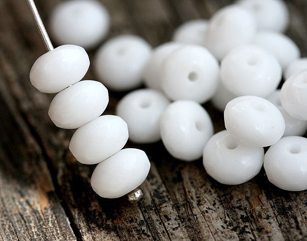 25pc White czech glass beads rondels, gemstone cut - 4x7mm