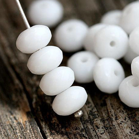 50pc White czech glass beads rondels, gemstone cut - 4x7mm