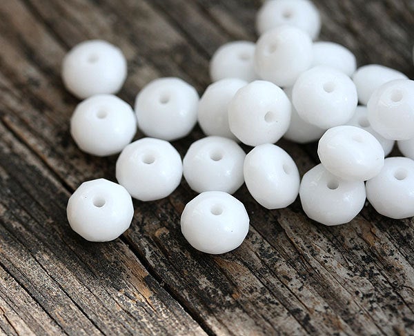 50pc White czech glass beads rondels, gemstone cut - 4x7mm