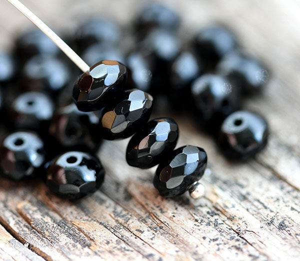 5x7mm Black czech glass rondelle beads, Jet black - 25pc