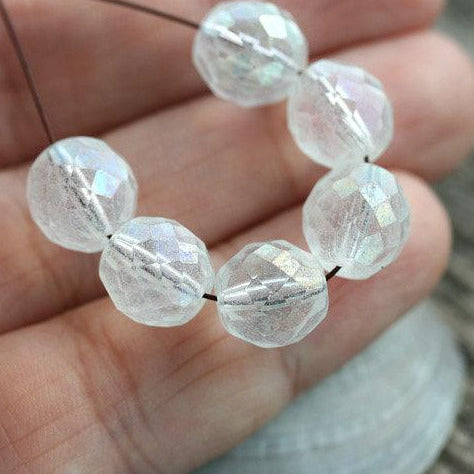 10mm Matte clear Czech glass AB finish fire polished round beads - 10Pc