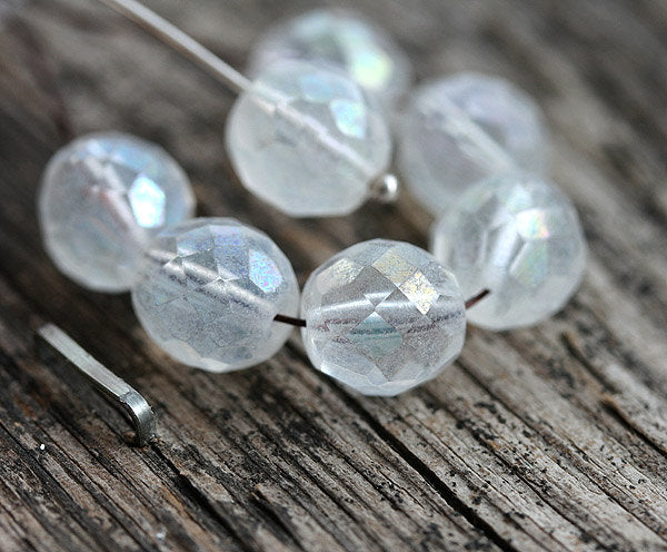 10mm Matte clear Czech glass AB finish fire polished round beads - 10Pc
