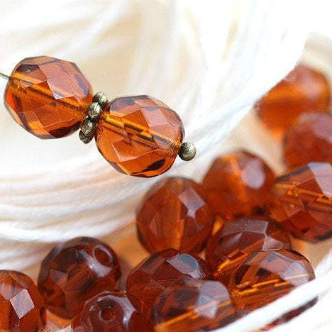 8mm Topaz glass czech beads, Fire polished, round faceted spacers - 15Pc
