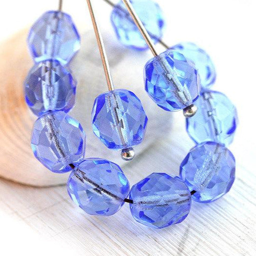 8mm Sapphire blue czech glass beads Fire polished, faceted - 15Pc