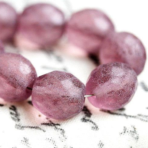 10mm Frosted Purple glass Fire polished czech beads - 10Pc