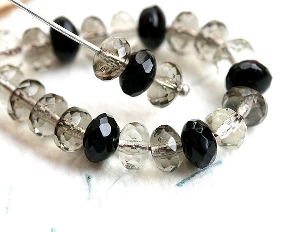 4x7mm Black and grey beads mix Czech glass rondels - 25Pc