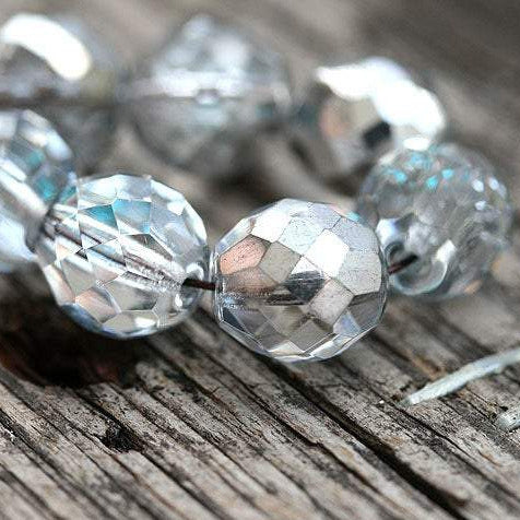 10mm Crystal Clear Czech glass beads with Silver coating - 10Pc