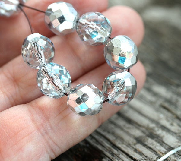 10mm Crystal Clear Czech glass beads with Silver coating - 10Pc