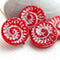 4Pc Red czech glass circle beads, Red and white spiral - 17mm