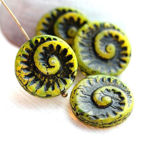 4Pc Yellow Black spiral beads, Czech glass circle beads - 17mm