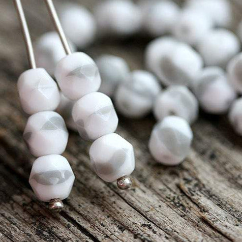 6mm White grey czech glass beads mixed color, fire polished round faceted spacers - 30Pc