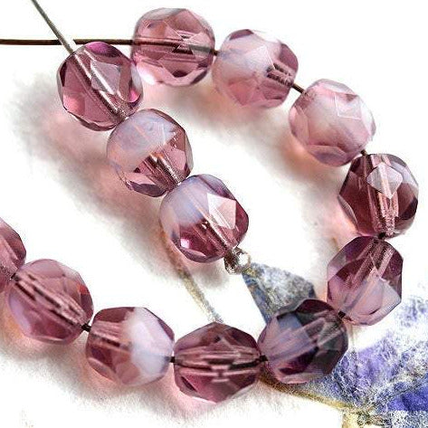 6mm Purple pink czech glass fire polished beads, faceted, round spacers - 30Pc