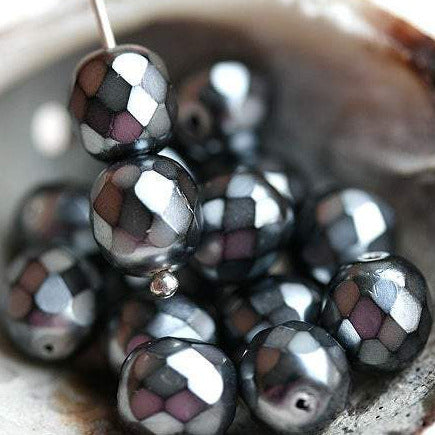 8mm Steel Grey dark Silver Czech glass faux pearls coating, fire polished - 15Pc