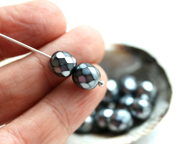 8mm Steel Grey dark Silver Czech glass faux pearls coating, fire polished - 15Pc