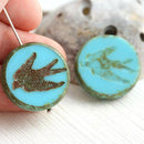 2Pc Turquoise blue Bird, Swallow picasso czech glass beads - 23mm