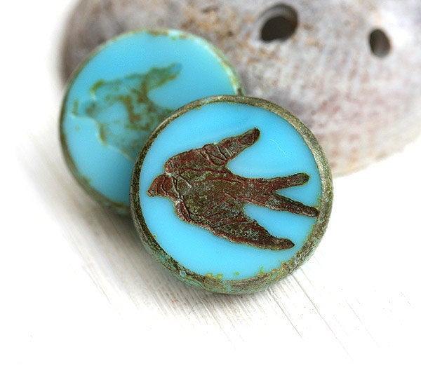 2Pc Turquoise blue Bird, Swallow picasso czech glass beads - 23mm