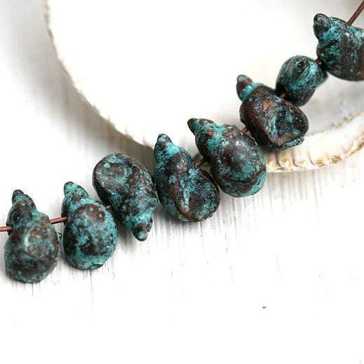 8pc Tiny Shell beads Green patina 9mm