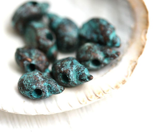 8pc Tiny Shell beads Green patina 9mm