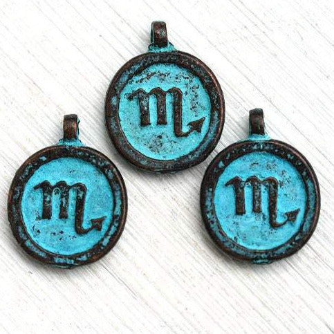 3pc Scorpio Zodiac charm Patina on copper Horoscope 15mm
