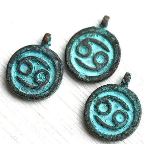 3pc Cancer sign charm Green Patina on copper, Horoscope 15mm
