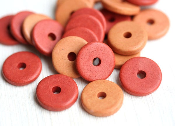20pc Red orange ceramic rondelle beads, 13mm