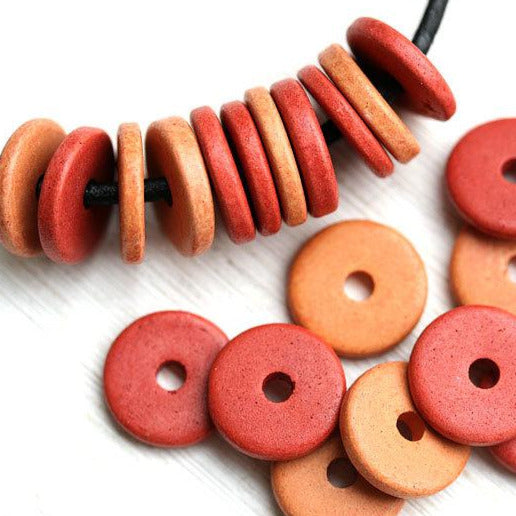 20pc Red orange ceramic rondelle beads, 13mm