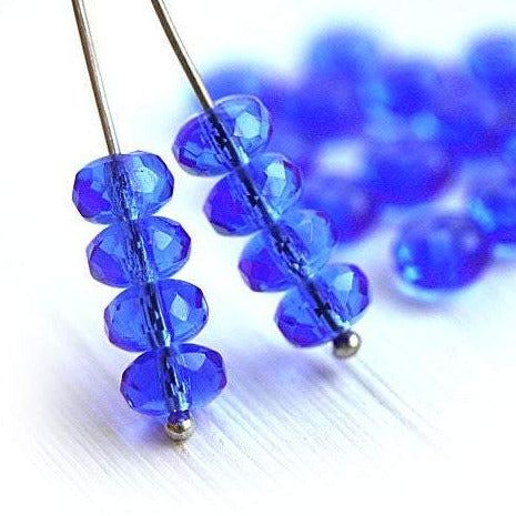 4x7mm Sapphire blue beads, czech glass rondels, gemstone cut, 25pc