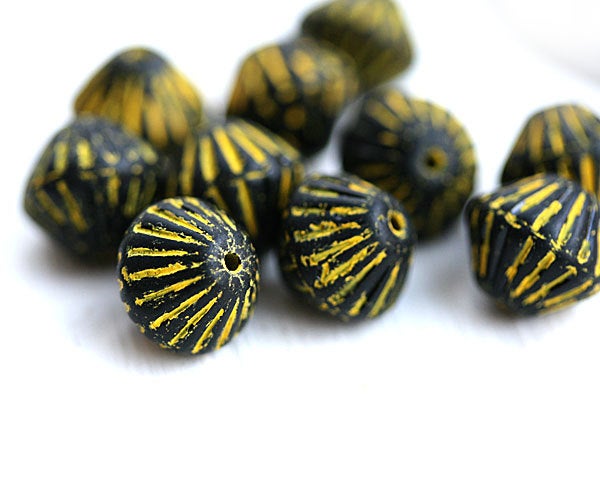 11mm Matte Black and yellow czech Glass bicone beads, 10pc