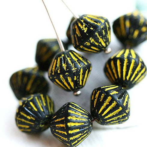 11mm Matte Black and yellow czech Glass bicone beads, 10pc
