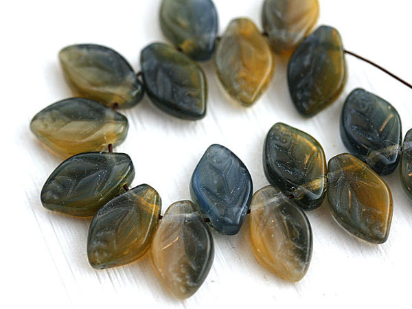12x7mm Autumn leaf beads, Blue yellow 12x7mm Czech glass leaves - 50pc