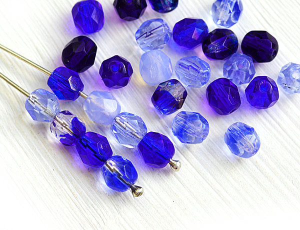 6mm Blue czech glass fire polished faceted, round spacer beads - 30Pc