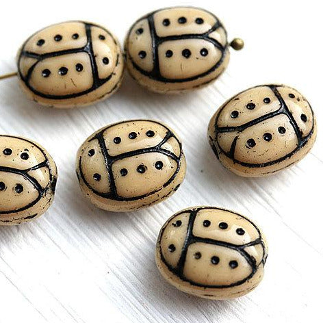 6Pc Ladybug beads, Beige and black inlays