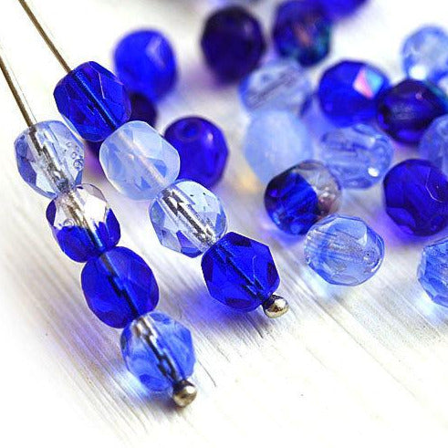 6mm Blue czech glass fire polished faceted, round spacer beads - 30Pc