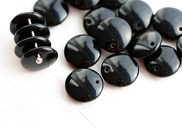12mm Black lentil, czech glass beads, top drilled rondelles - 20Pc