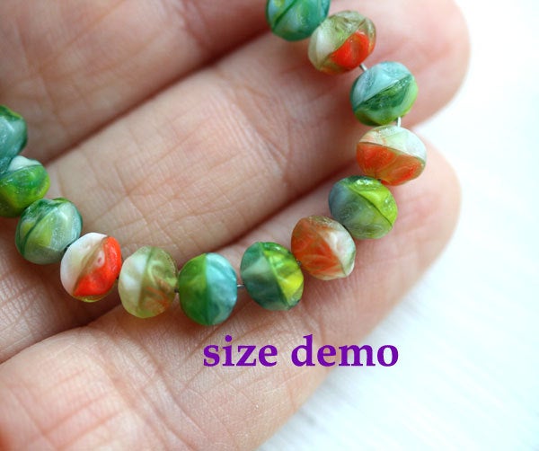 6x5mm Bright czech glass beads mix, Multicolored green orange fancy spacer donuts - 50pc