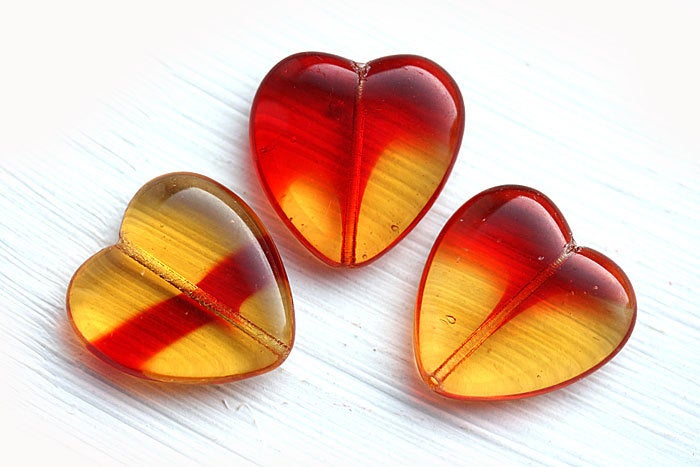 24x22mm Huge heart czech glass beads, Yellow Red Mixed - 3Pc