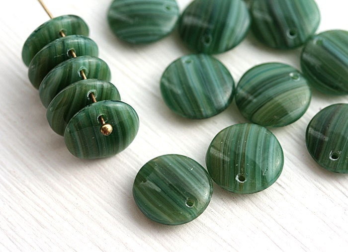 12mm Pine green, Lentil glass beads top drilled rondelles - 20Pc